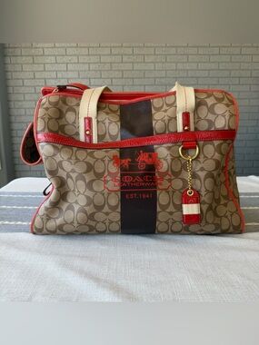 Rare Coach Heritage Stripe Pet Carrier Dog Purse Old Money Luxury Travel Orange